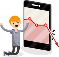 Large mobile phone with falling red business graph. Sad young blogger guy on knees. decrease in views and subscribers. Internet statistics. Business problem. man and a smartphone. Flat illustration vector