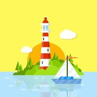 Beautiful lighthouse in the Harbor. Red white tower. Attraction for tourists at sea. A green island with forests and boat. vector