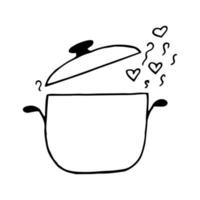 saucepan with lid, staem and hearts hand drawn in doodle style. icon, sticker. scandinavian, simple, minimalism monochrome vector