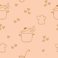 saucepan and steam with hearts, chefs hat, ladle seamless pattern hand drawn in doodle style. wallpaper, background, textile, wrapping paper. scandinavian, simple, minimalism, monochrome vector