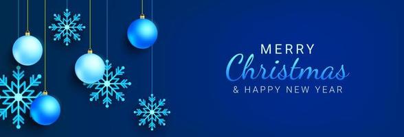 Horizontal christmas banner design with snowflake and blue ball elements. Xmas background, header, web. Vector illustration