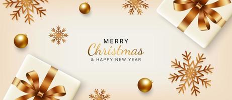 pancarta de navidad diseño de fondo de navidad con cajas de regalo, copos de nieve y bolas doradas. tarjetas de felicitación navideñas, invitaciones, encabezados. ilustración vectorial vector