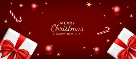 pancartas de navidad y año nuevo. diseño de fondo de navidad rojo con ramas de árboles, cajas de regalo, decoración de bolas de navidad. tarjeta de felicitación navideña, póster o web. ilustración vectorial vector