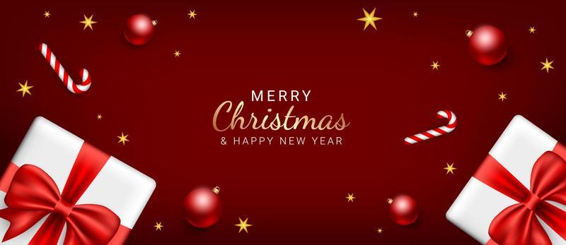Christmas and new year banners. Red christmas background design with tree branches, gift boxes, christmas ball decoration. Christmas greeting card, poster or web. Vector illustration