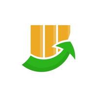 logotipo de propiedad con tres barras amarillas y una flecha verde aisladas en fondo blanco vector