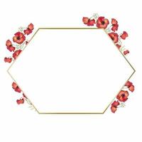 polygonal golden frame with watercolor flowers of red poppies.  illustration on a white background . wreath with bright poppies, red flax flowers and green leaves vector