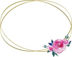 golden round frame with pink roses, floral design, wedding monogram, watercolor illustrations vector