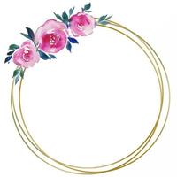 golden round frame with pink roses, floral design, wedding monogram, watercolor illustrations greeting cards vector