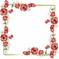 square golden frame with watercolor flowers of red poppies. watercolor illustration on a white background vector