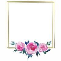 golden square frame with pink roses, floral design, wedding monogram, watercolor illustrations vector