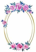 golden round frame with pink roses, floral design, wedding monogram, watercolor illustrations greeting cards vector