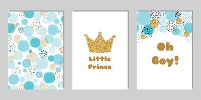 Little prince Baby shower card template set. Oh Boy blue invitation design for baby shower party. Gold crown on blue background. Its a boy banner for party, congratulation. Vector illustration.
