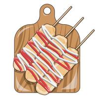 vector illustration of three corn dog skewers on a wooden cutting board, complete with sauce and mayonnaise