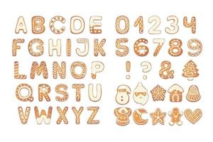 Christmas gingerbread cookies alphabet with figures. Biscuit letters, characters for Christmas messages and design. Vector illustration with decorations.