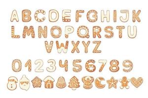 Christmas gingerbread cookies alphabet with figures. Biscuit letters, characters for Christmas messages and design. Vector illustration with decorations.