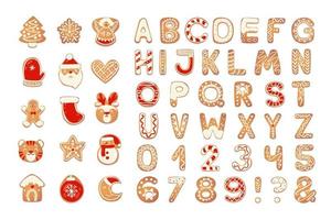 Christmas gingerbread cookies alphabet with figures. Biscuit letters, characters for Christmas messages and design. Vector illustration with decorations.