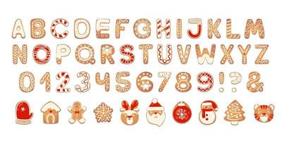 Christmas gingerbread cookies alphabet with figures. Biscuit letters, characters for Christmas messages and design. Vector illustration with decorations.