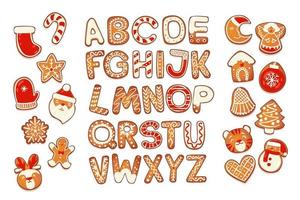 Christmas gingerbread cookies alphabet with figures. Biscuit letters, characters for Christmas messages and design vector