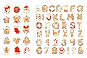 Christmas gingerbread cookies alphabet with figures. Biscuit letters, characters for Christmas messages and design. Vector illustration with decorations.