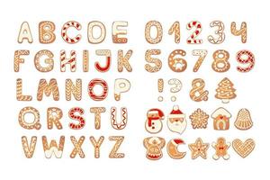 Christmas gingerbread cookies alphabet with figures. Biscuit letters, characters for Christmas messages and design. Vector illustration with decorations.