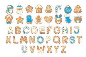 Christmas gingerbread cookies alphabet with figures. Biscuit letters, characters for Christmas messages and design. Vector illustration with decorations.