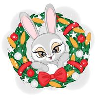 Symbol of the New Year Cute rabbit with a carrot Advent wreath, vector illustration