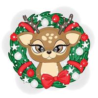 Cute Christmas reindeer with Advent wreath, vector illustration