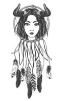 Woman with feathers and dreamcatcher. vector