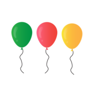 Luftballons im Cartoon-Stil. Haufen Luftballons für Geburtstage und Partys. Fliegender Ballon mit Schnur. in den roten, grünen und gelben Farben lokalisiert auf einem transparenten Hintergrund. png