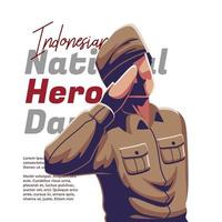 Indonesian Hero's Day illustration about a soldier standing respectfully to the flag vector