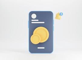 Money wallet on mobile with 3d coin, smartphone and bell. 3D rendering. Mobile banking and online wallet concept. 3D rendering. photo