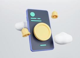 Money wallet on mobile with 3d coin, smartphone and bell. 3D rendering. Mobile banking and online wallet concept. 3D rendering. photo