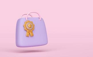 3d minimal shopping paper bags with golden quality guarantee ribbon isolated on pink background. premium quality ribbon, minimal concept, 3d render illustration, clipping path photo