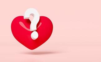3d red heart with white question mark symbol icon isolated on pink background. FAQ or frequently asked questions for how is love, minimal concept, 3d render illustration, clipping path photo