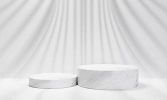 White marble podium stage in elegant studio. Elegant layout with elements of simplicity cosmetic product demonstration scene display case, mockup stand, minimalist front view. 3d render illustration photo