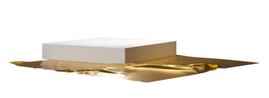 goldener Satinstoff auf dem Boden und White Cube Podium. Produktpräsentationsmodellvorlage ohne Hintergrund. Produktplatzierungskonzept png