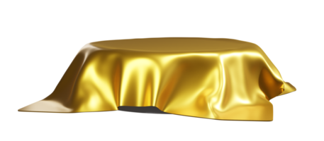 Gold silk cover on podium. Isolated concept for product advertising. Cloth hide surprise. Empty pedestal with veil on it png