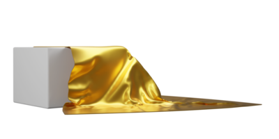 Isolated cube podium with falling gold fabric. Reveal surprise or gift silk scene. Product display pedestal with no background png