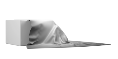 Silver silk cloth falling from white corner podium. 3d render scene with angle pedestal and no background. Isolated platform for advertising. Mockup template png