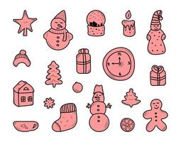 Set of cute christmas and new year elements in doodle style isolated on white background vector