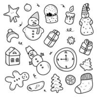 Set of cute christmas and new year elements in doodle style isolated on white background vector