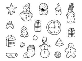 conjunto de elementos de navidad y año nuevo en estilo garabato aislado sobre fondo blanco. elementos de invierno dibujados a mano en blanco y negro vector