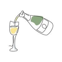 Continuous one line drawing of champagne bottle and glass with abstract shapes. Pouring champagne into a glass in line art style. Vector illustration isolated on white background