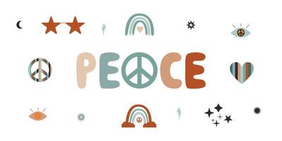 Flat vector hippy boho illustration. Hand drawn retro groovy elements and peace lettering