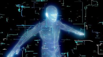 A wireframe man rotates inside a complex grid formation - Loop