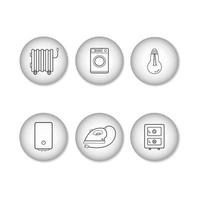 Linear icons of electrical appliances on round backgrounds with 3D effect. Vector icons isolated on white.