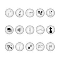 A large set of linear icons for sewing clothes and accessories on round backgrounds with a 3D effect. Vector icons isolated on white.