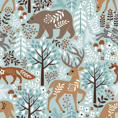 Seamless vector pattern with cute woodland animals, trees and leaves. Scandinavian woodland illustration. Perfect for textile, wallpaper or print design.