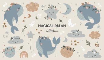 lindas ballenas boho, estrellas, luna y más - impresión vectorial para niños. textura de bebé escandinavo para tela, textil, papel pintado, diseño de dormitorio infantil. Estampado nórdico bohemio para niños. vector