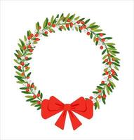 Vector illustration Christmas decoration wreath with winter berries and red bow on white background. For design an on-screen digital greeting by web or paper card for personal delivery